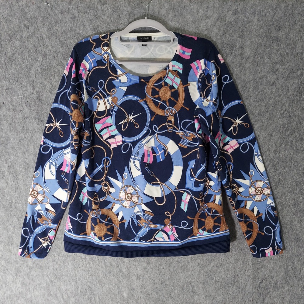 Talbots Women Cotton Nautical Lightweight Sweater L Navy Coastal Sailor Preppy